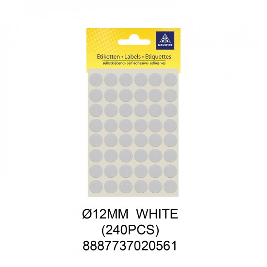 MAYSPIES MS012 COLOUR DOT LABEL / 5 SHEETS/PKT / 240PCS / ROUND 12MM WHITE